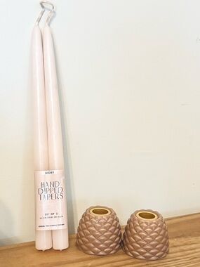 💥 Creative Co-Op Pinecone Candle Holders & Hand Dipped Tapers - Ivory (Set of 2)